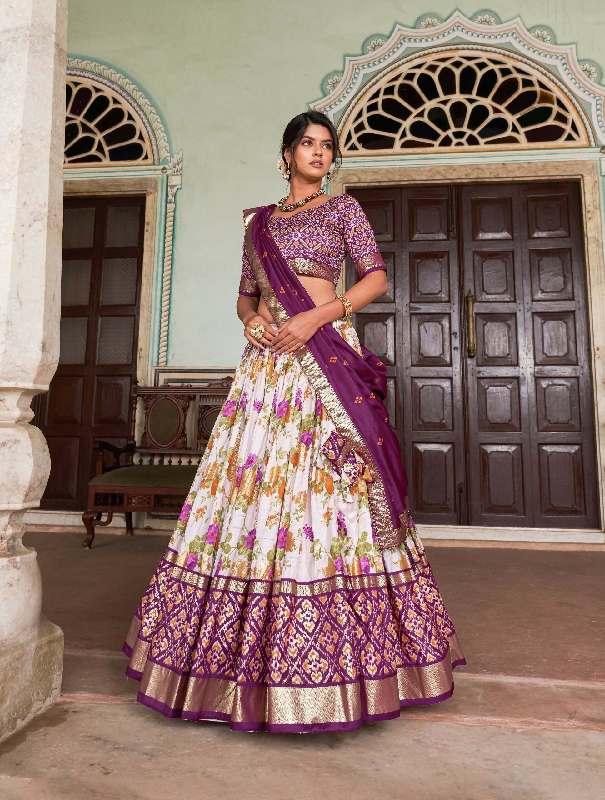 Vastranavya Exquisite Tussar Silk Lehenga Set With Perfect Floral And Patola Print Design Lehenga Choli - Wine