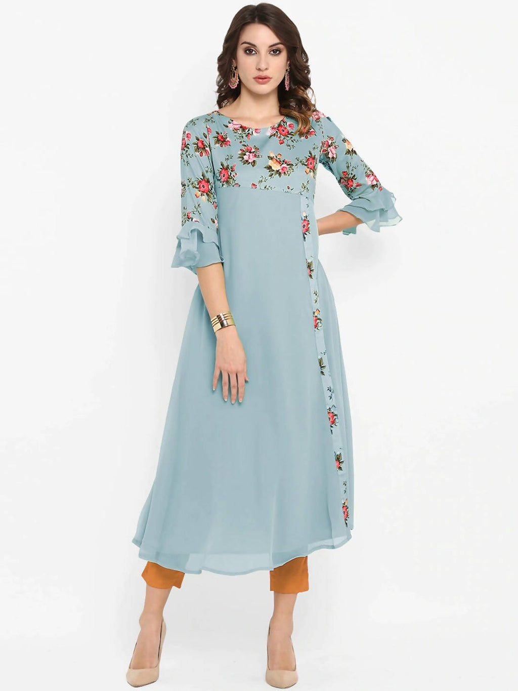 Janasya Blue Floral Embroidered Flared Sleeves Thread Work Crepe Anarkali Kurta - Distacart