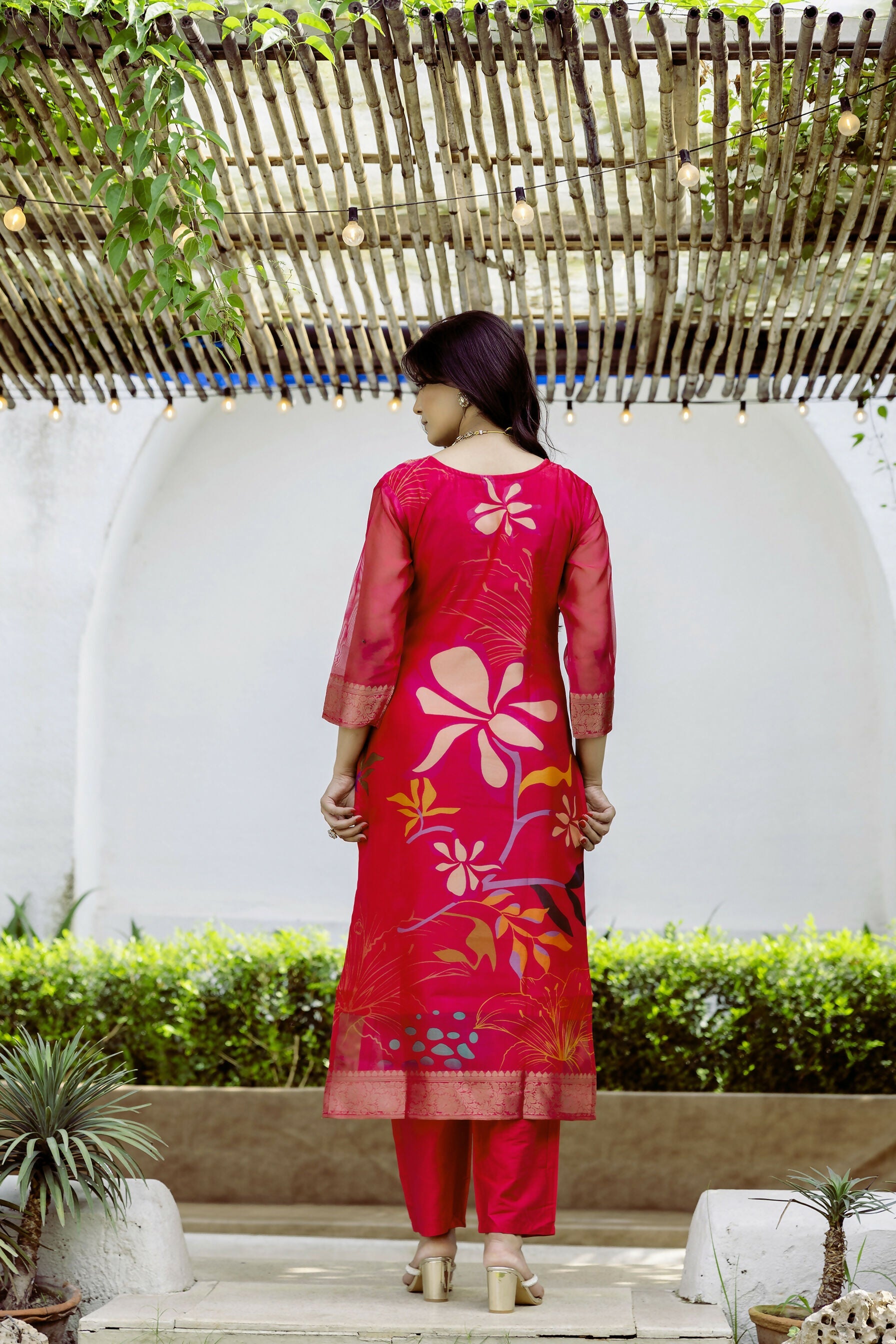 The52 Women's Beautiful Printed Work Jacquard Organza Fabric Straight Kurta Pant and Dupatta Set - Distacart