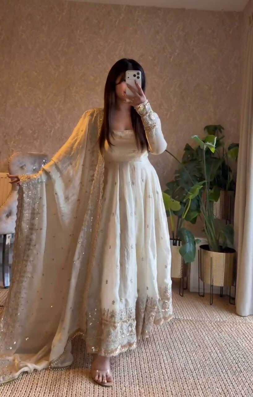 Teeya Creation White Fendy Silk Designer Heavy Work Wedding Wear Long Gown - Distacart
