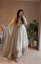 Teeya Creation White Fendy Silk Designer Heavy Work Wedding Wear Long Gown - Distacart