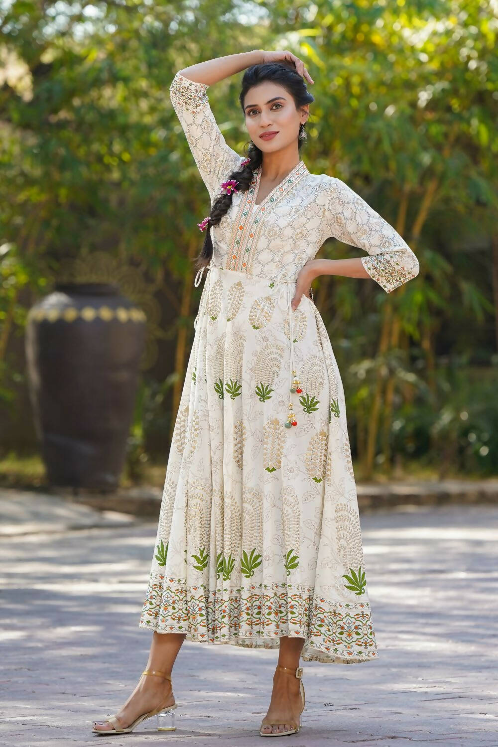 Juniper Womens Ivory Rayon Foil Printed Circular Maxi Dress With Mirror Embroidery - Distacart