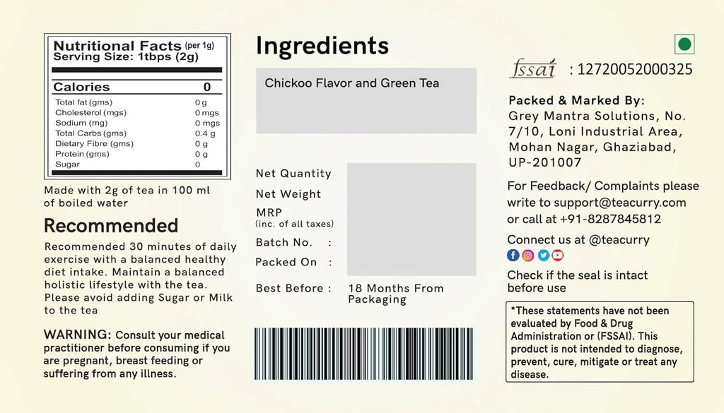 Teacurry Chikoo Green Tea Bags - Distacart