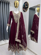 Teeya Creation Maroon Color Faux Georgette Embroidery Work Long Party Wear Gown