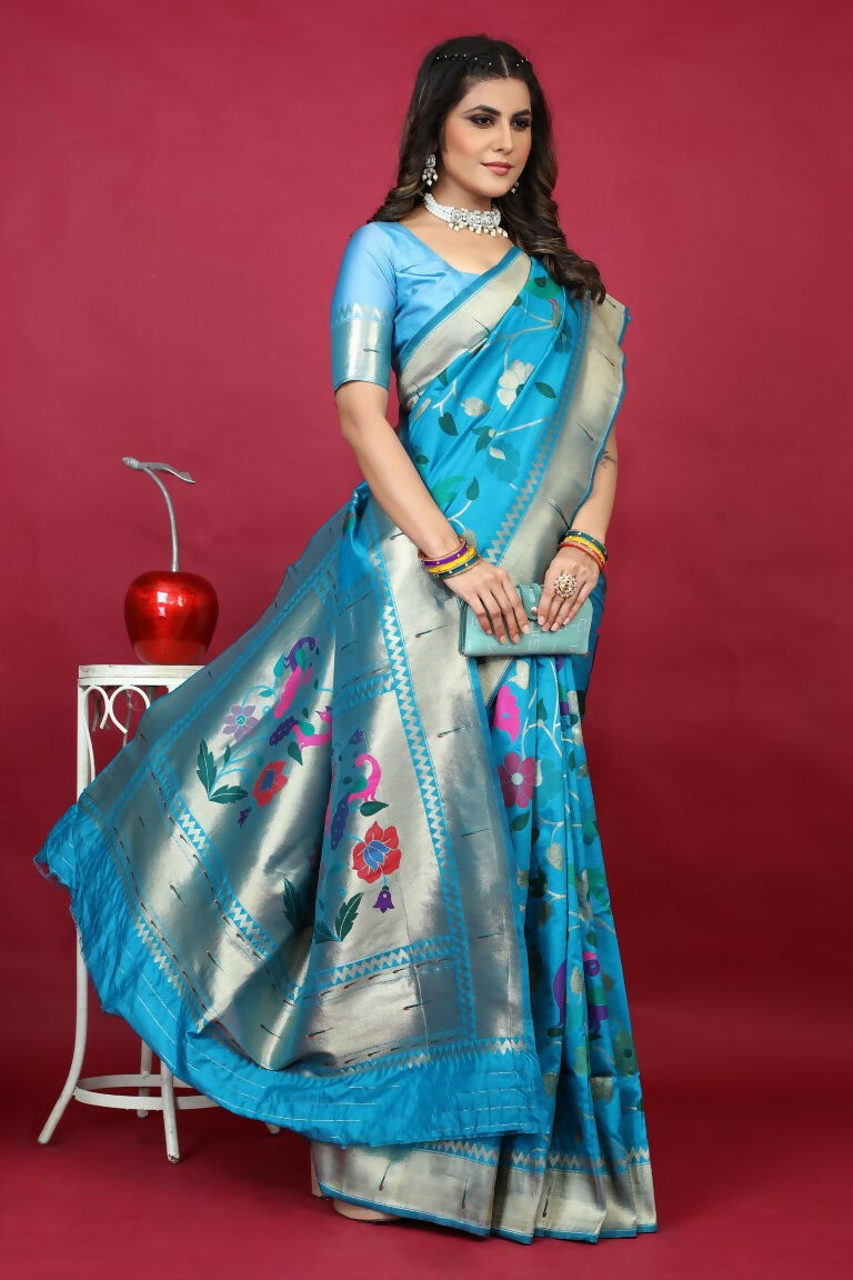 Jyoti Fashion Women's Sky Blue Paithani Silk Zari Woven Saree with Blouse