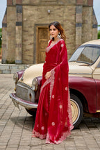 Vastranavya Red Embroidery Work Shimmer Chiffon Saree with Unstitched Blouse - Distacart
