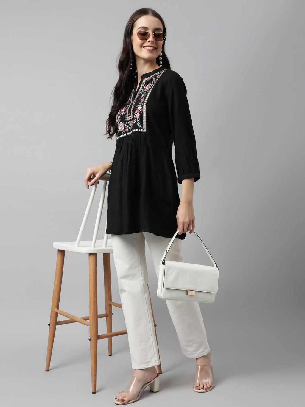 Black Rayon Yoke Embroidered A-line Top - Tarini