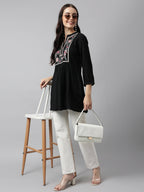 Black Rayon Yoke Embroidered A-line Top - Tarini