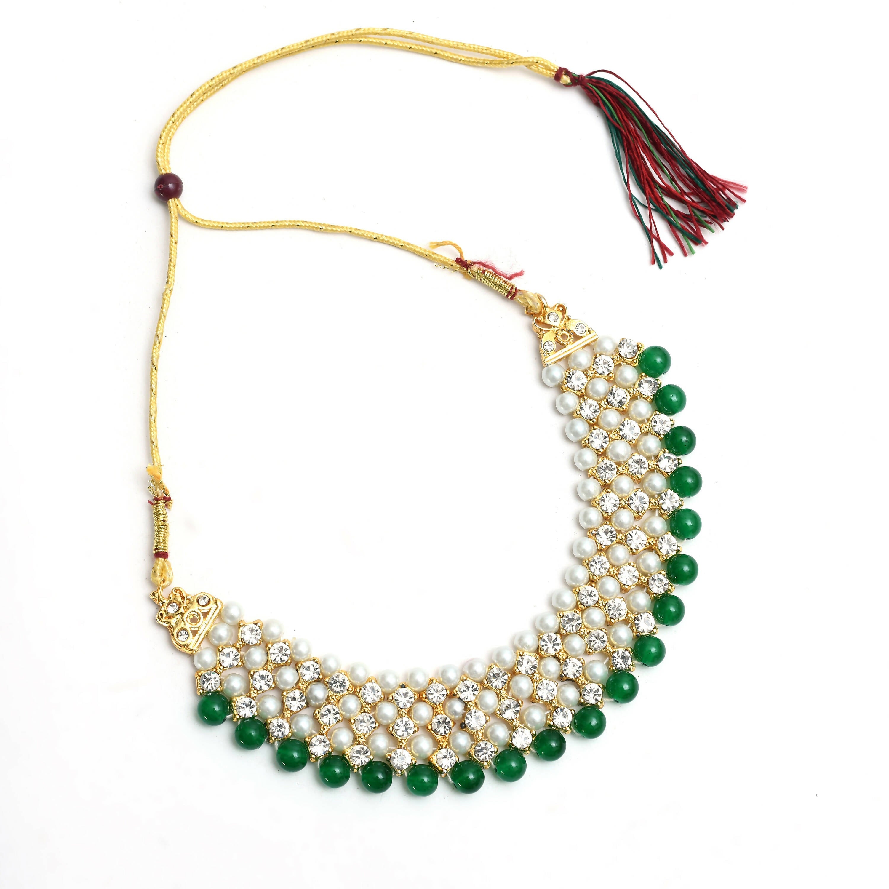 Mominos Fashion Johar Kamal Gold-Plated Rani Haar with Cream Green and Off white Pearls Jewellery Set - Distacart
