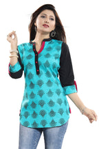 Snehal Creations Luscious Light Rama Cotton Printed Tunic Top With Roll On Sleeves - Distacart