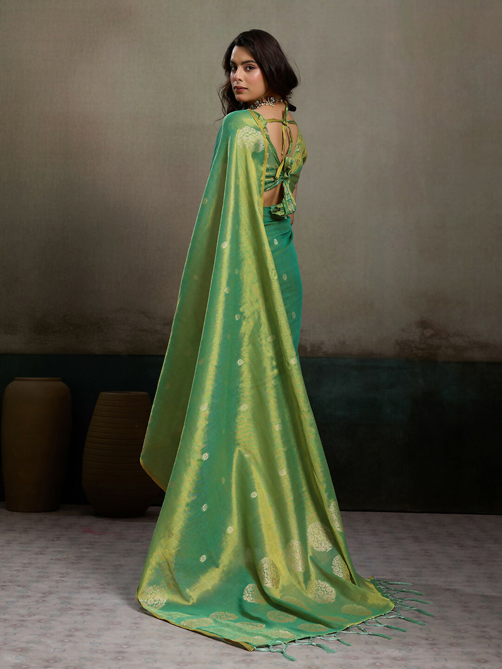Shree Shyam Fashion Green Tissue Silk Saree - Distacart