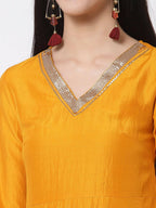 Myshka Yellow Printed Silk Blend 3/4 Sleeve V Neck Casual Kurta Dupatta Set