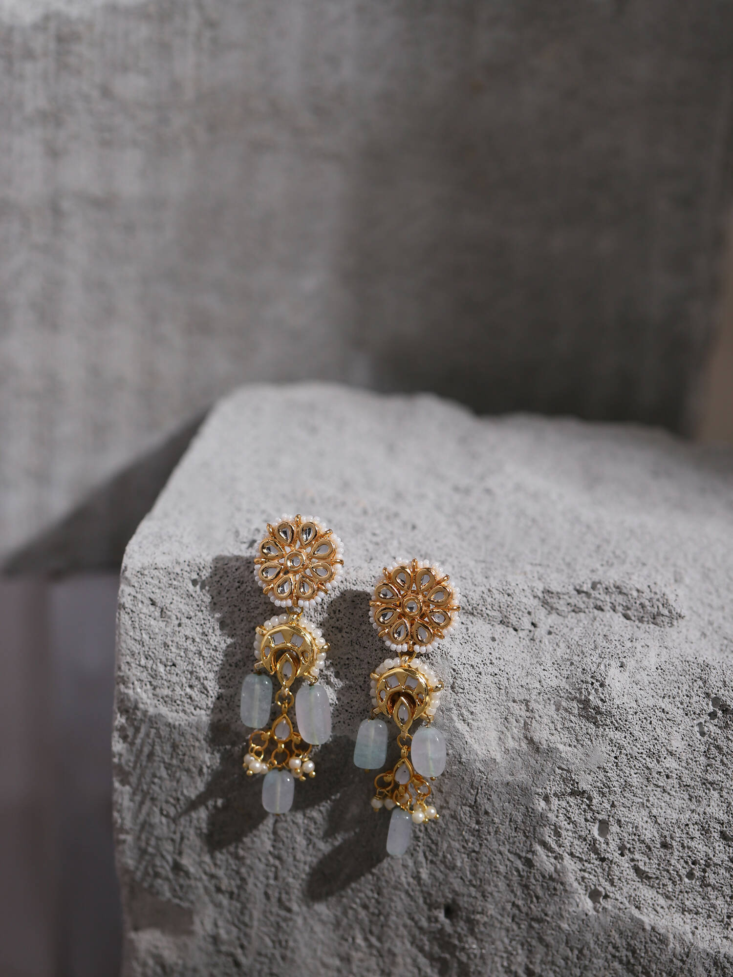 Gold-Toned White Kundan Contemporary Gold-Plated Drop Earrings - Ruby Raang - Distacart