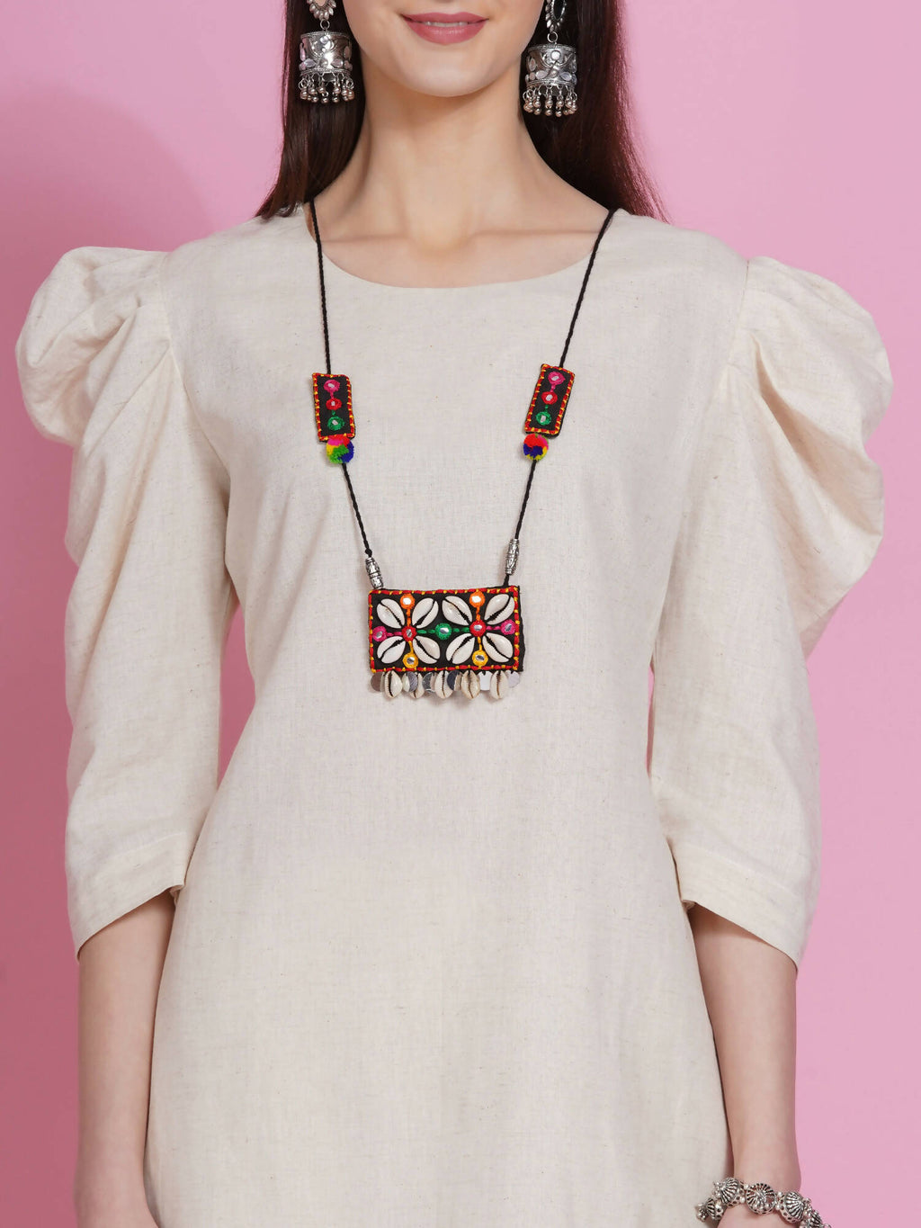 Women Republic Off White Cotton Flex Kurta With Attached Necklace And Pants - Distacart