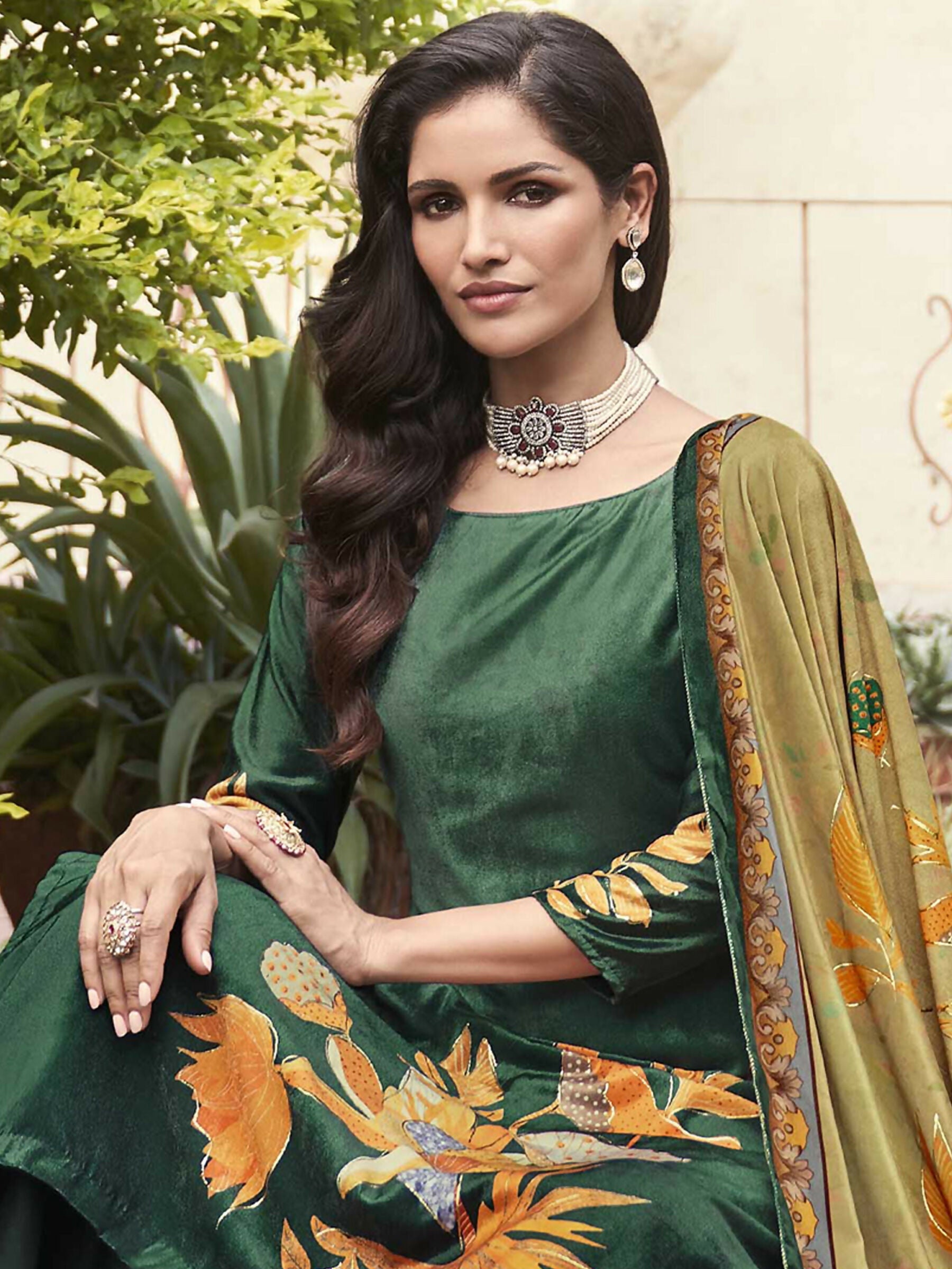 Jyoti Fashion Women's Green Velvet Floral Digital Printed Kurta with Trouser & Dupatta