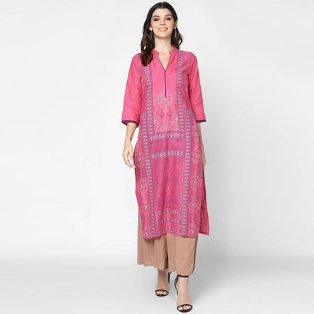 Cheera Hand Block Print Baby Pink Straight Kurta (MAAI-048K)
