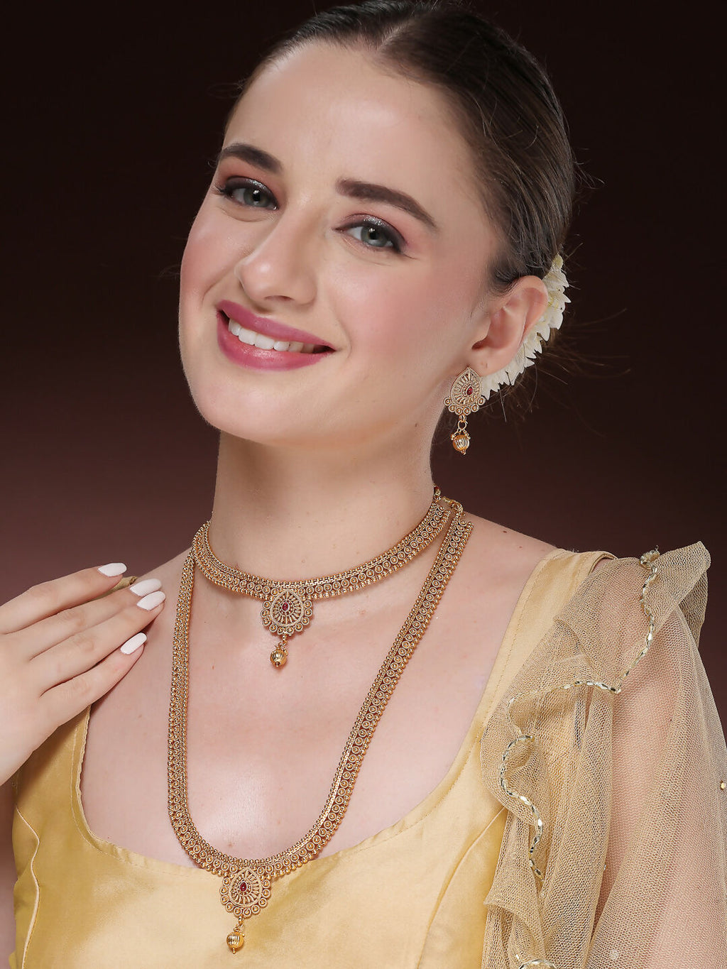 NVR Women's Set of 2 Gold-Polished Pink Stone Studded Jadau Jewellery Set