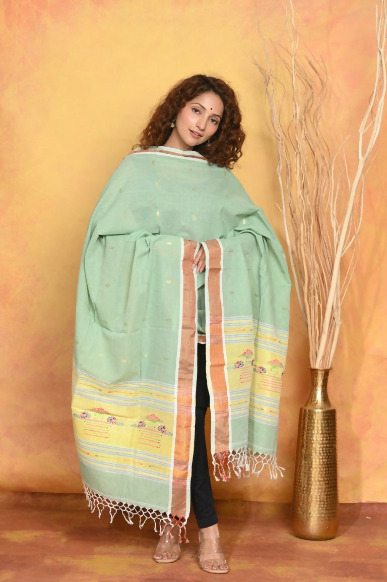 Very Much Indian Handloom Pure Cotton Paithani Dupatta - Sea Green