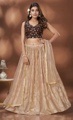Beige Chinnon Crush Foil Printed Lehenga Choli with Dupatta - Aakriti