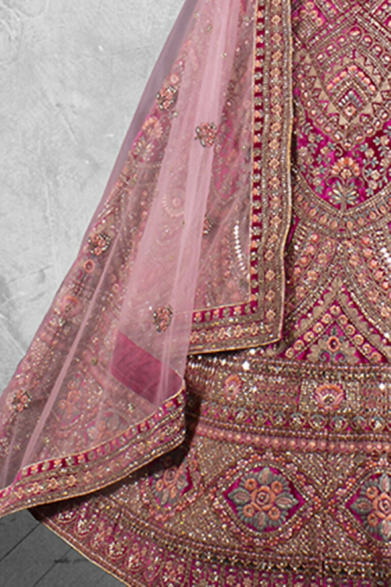 Pink Velvet Pure Mirror Work Semi Stitched Lehenga Choli with Dupatta - Nimaya Lagnotsav