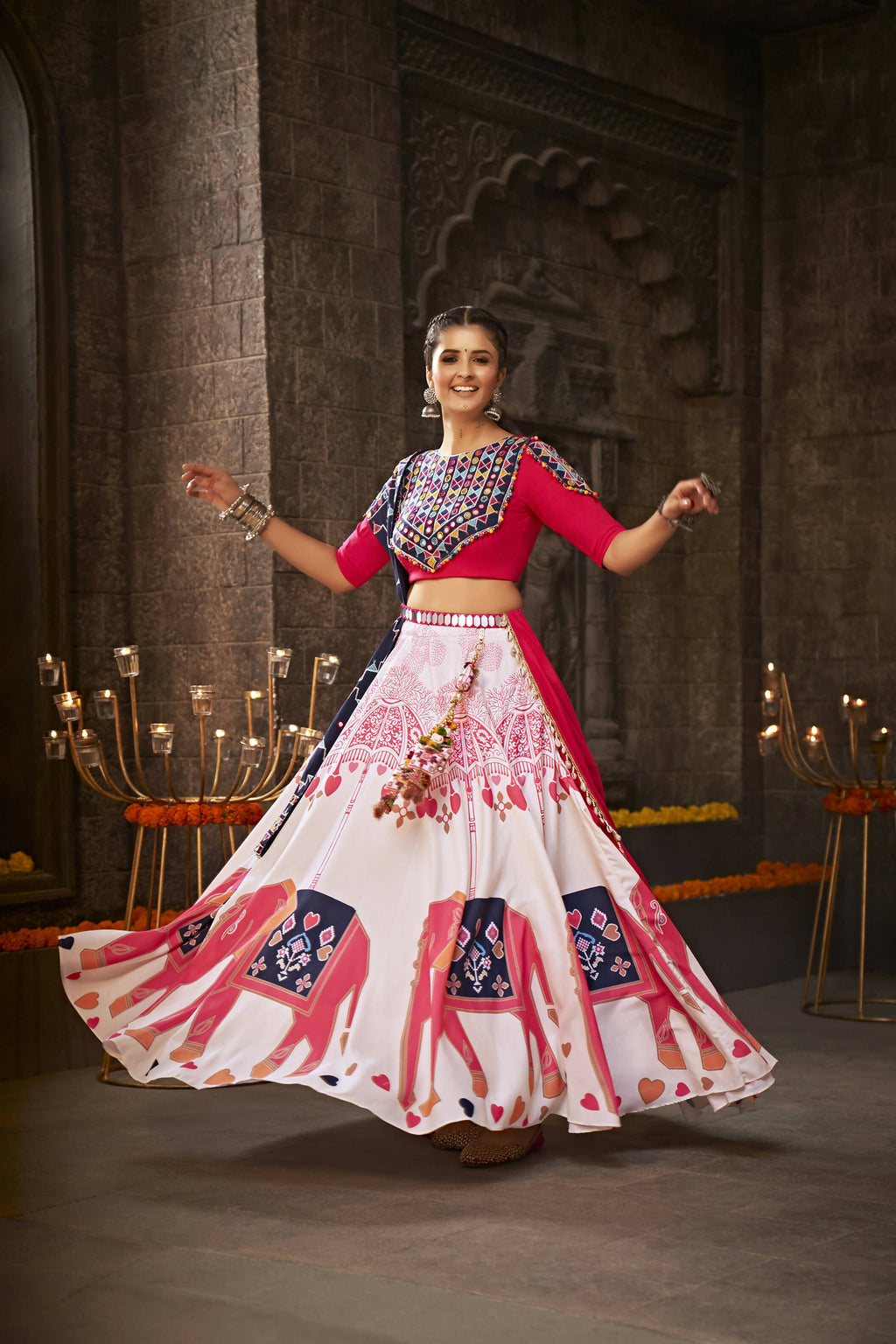 White Rayon Thread Embroidered Navratri Lehenga Choli with Dupatta - Raas