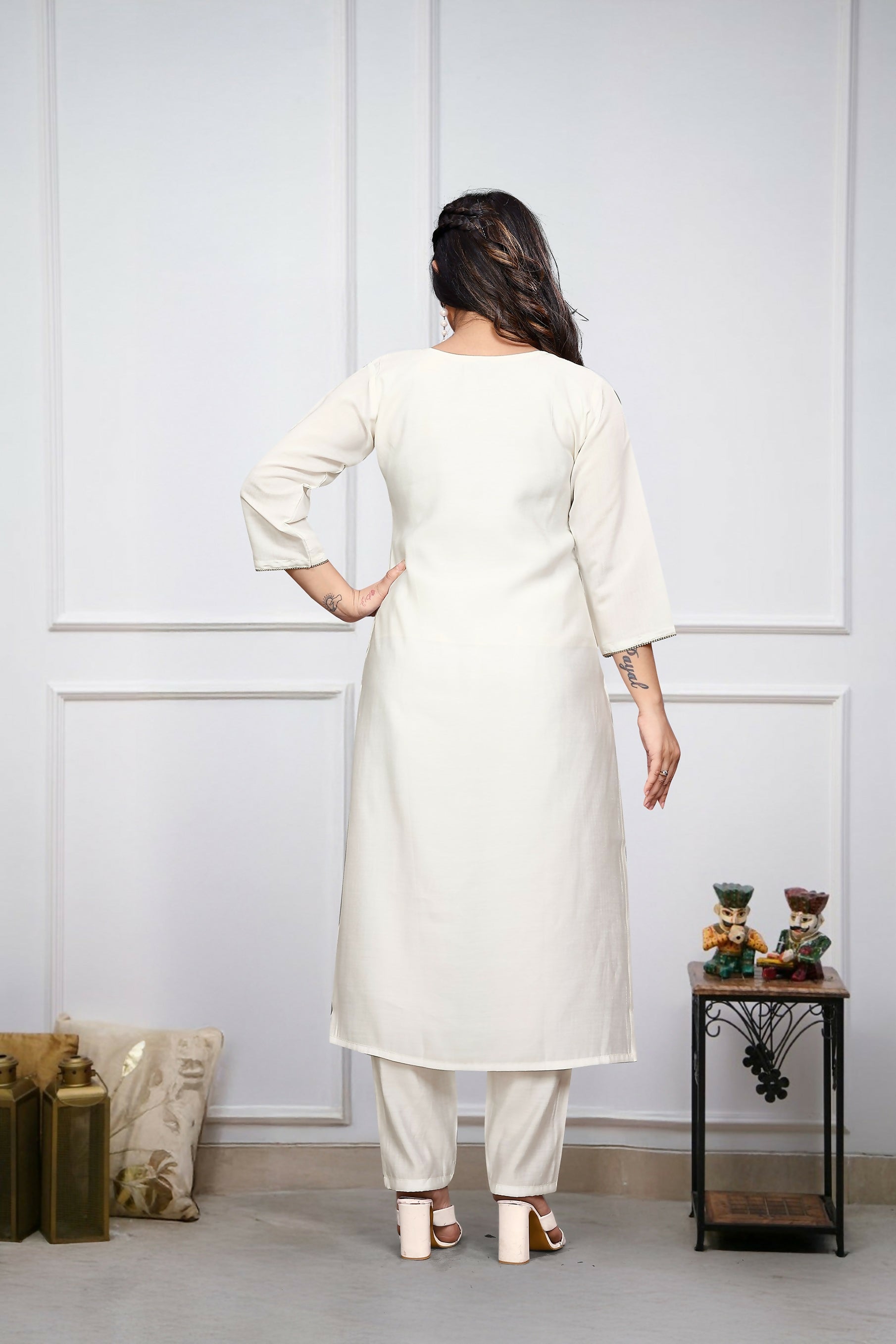 The52 Off White Beautiful Embroidered Viscose Chanderi Fabric Straight Kurta Pant with Dupatta Set - Distacart