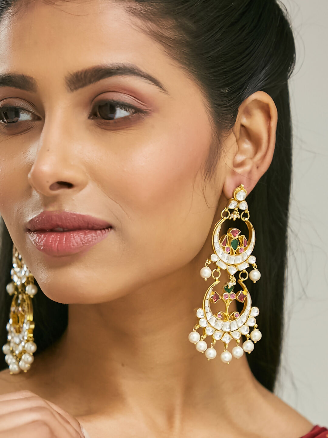 Nuyug 22K Gold-Plated Kundan Studded & Pearl Beaded Layered Chandbalis - Distacart