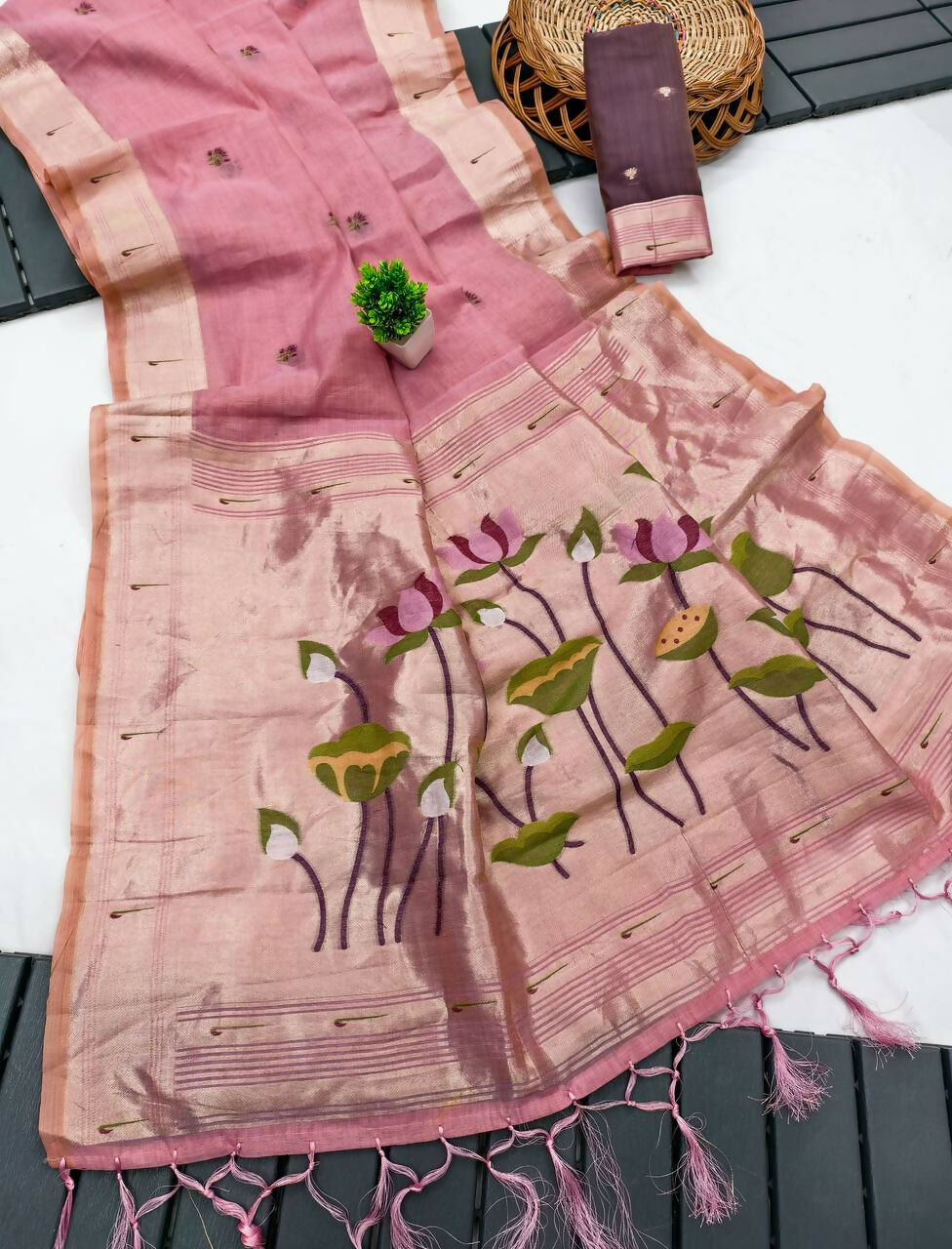 Vastranavya Pink Muga Cotton Meenakari & Munia Weaving Pallu Saree with Contrast Blouse - Distacart