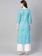 Yufta Women Blue & Off-White Leheriya Dyed Straight Kurta
