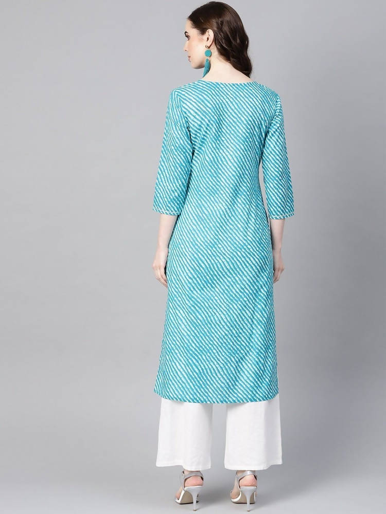 Yufta Women Blue & Off-White Leheriya Dyed Straight Kurta