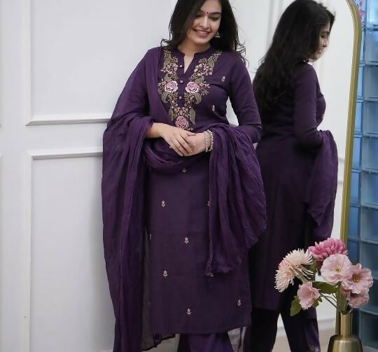 The52 Women's Beautiful Rayon Slub Fabric Embroidery Work Straight Kurta Pant and Dupatta Set - Distacart