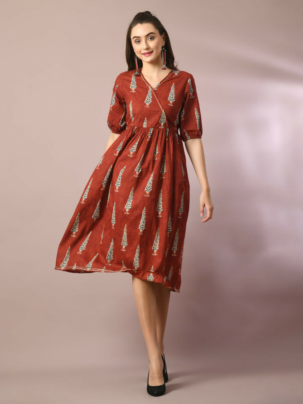 Myshka Women's Rust Printed Cotton V-Neck Empire Party Dress - Distacart