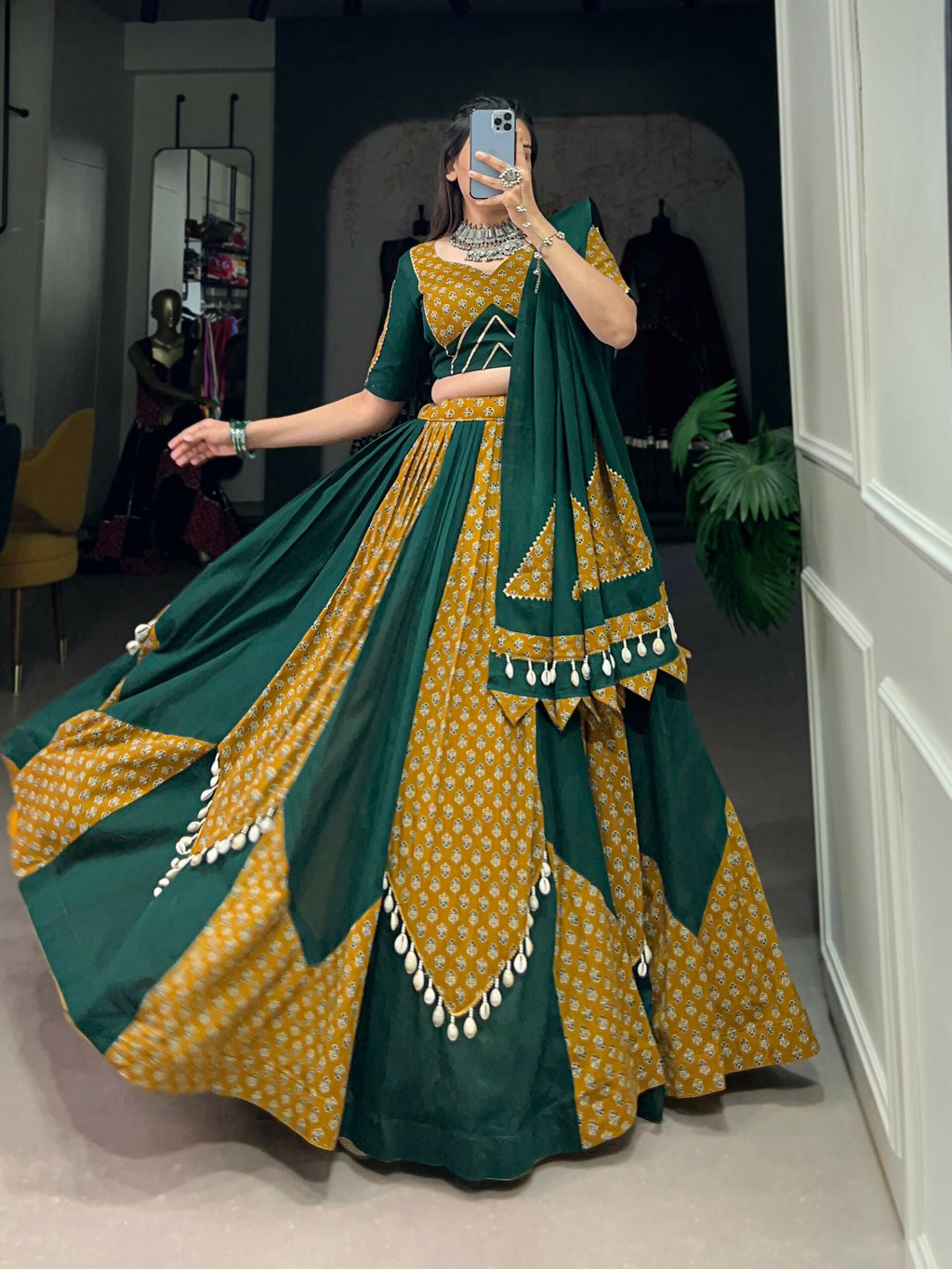 Vastranavya Navaratri Special Pure Cotton Printed With Cowrie (Kodi) Lace Touch Up Lehenga with Stitched Blouse - Green