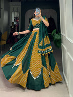 Vastranavya Navaratri Special Pure Cotton Printed With Cowrie (Kodi) Lace Touch Up Lehenga with Stitched Blouse - Green