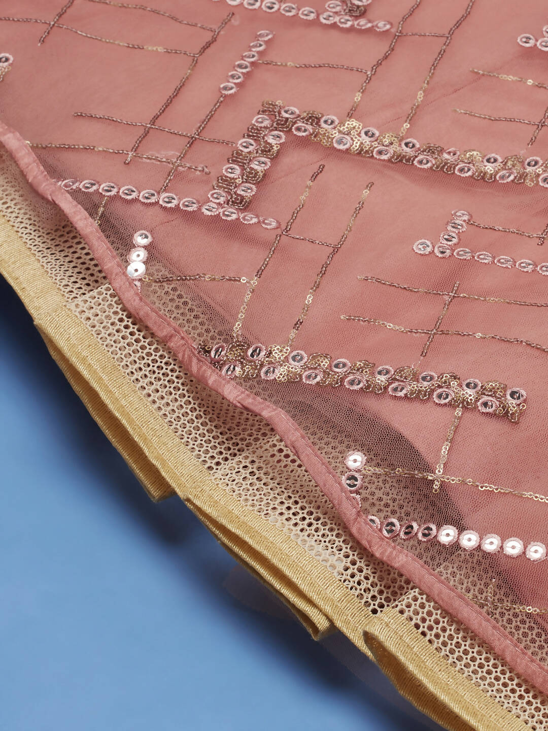 House of Panchhi Peach Net Sequinse Embroidered Lehenga & Blouse with Dupatta