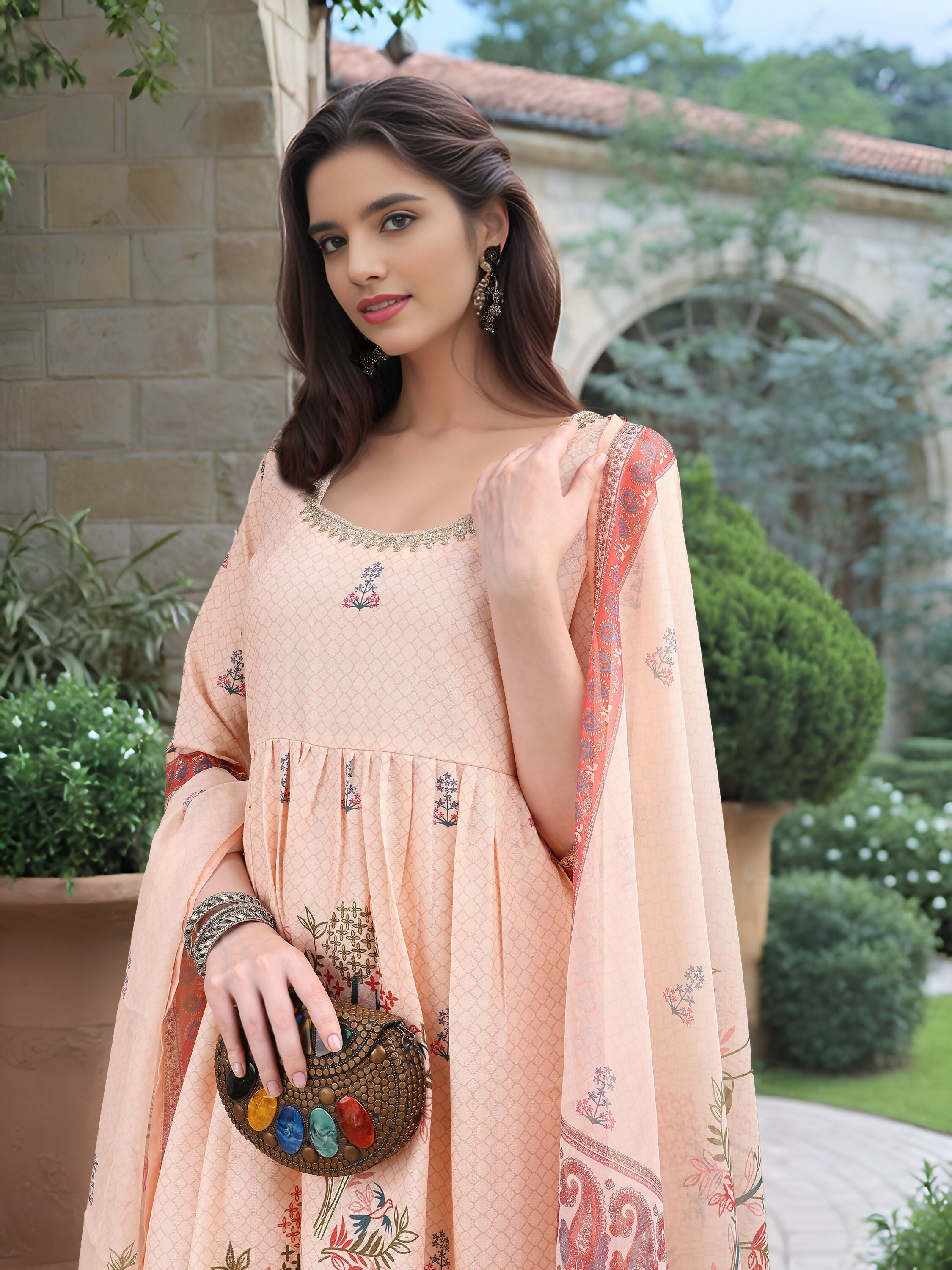 Joban Fashion Peach Position Digital Print With Position Foil Kurta Set - Distacart