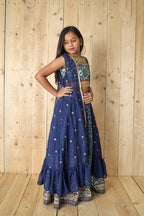 Aayaa Designer Printed Silk Embroidery Kids Lehenga Choli - Blue