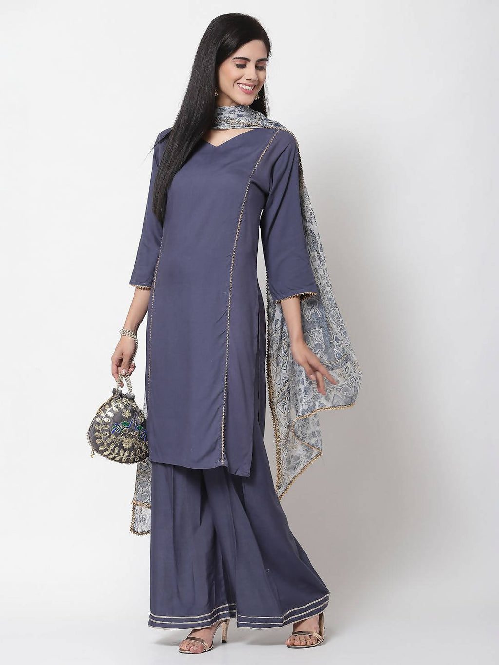 Myshka Women's Grey Viscose Solid 3/4 Sleeve V Neck Casual Kurta Palazzo Dupatta Set