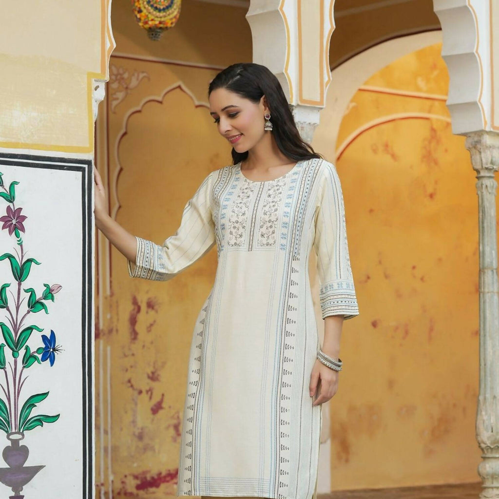 Juniper Women's Off-White Rayon Printed Straight Kurta - Distacart