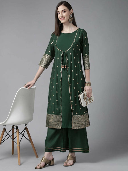 Ahalyaa Womens Dark Green Chanderi Gold Foil Printed Kurta Palazzo Set
