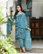 Vaasva Women's Teal Crepe Embroidered Suit Set