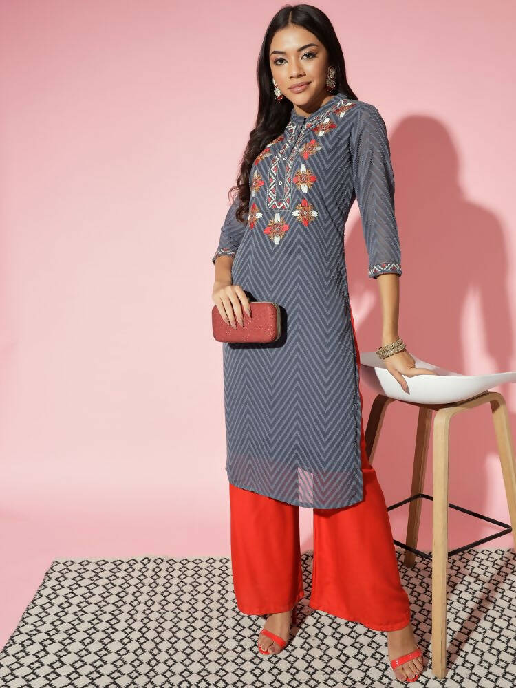 Myshka Women Grey Solid Georgette Straight V-Neck Kurtas - Distacart