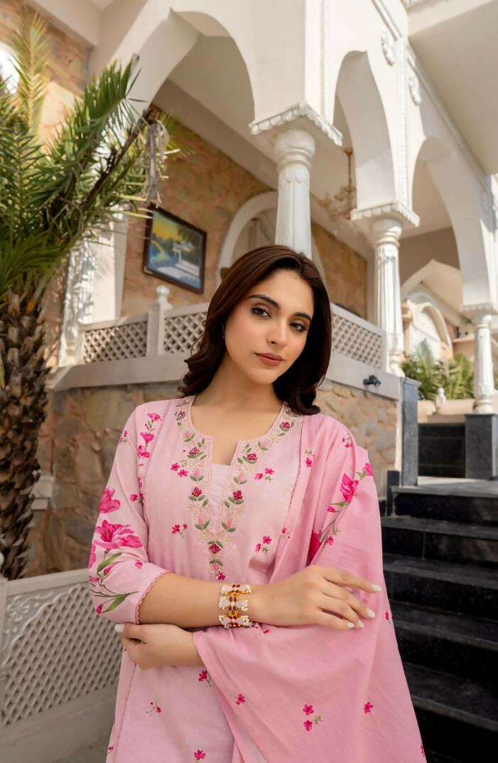The52 Pink Women's Beautiful Chanderi Fabric Printed Work Straight Kurta Pant and Dupatta Set - Distacart