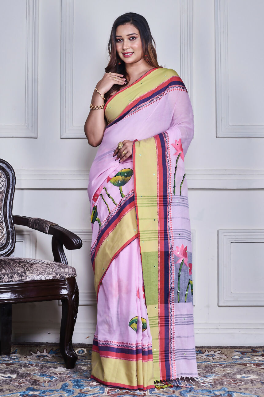 Morchari Multicolour Cotton Handloom Mirror Work Saree Unstitched Blouse - Distacart