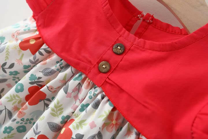 Bold N Elegant Cotton Floral Printed Ruffle Sleeve Princess Dress Frock With Fabric Hat Cap - Red