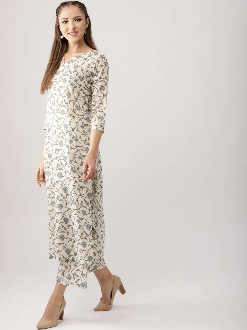 Vamika Cream Printed Cotton Party/Casual Wear Kurta Set/Suit