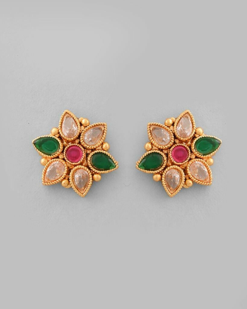 VOJ Gold Tone Stone Studded Drop Shaped Jewellery Set