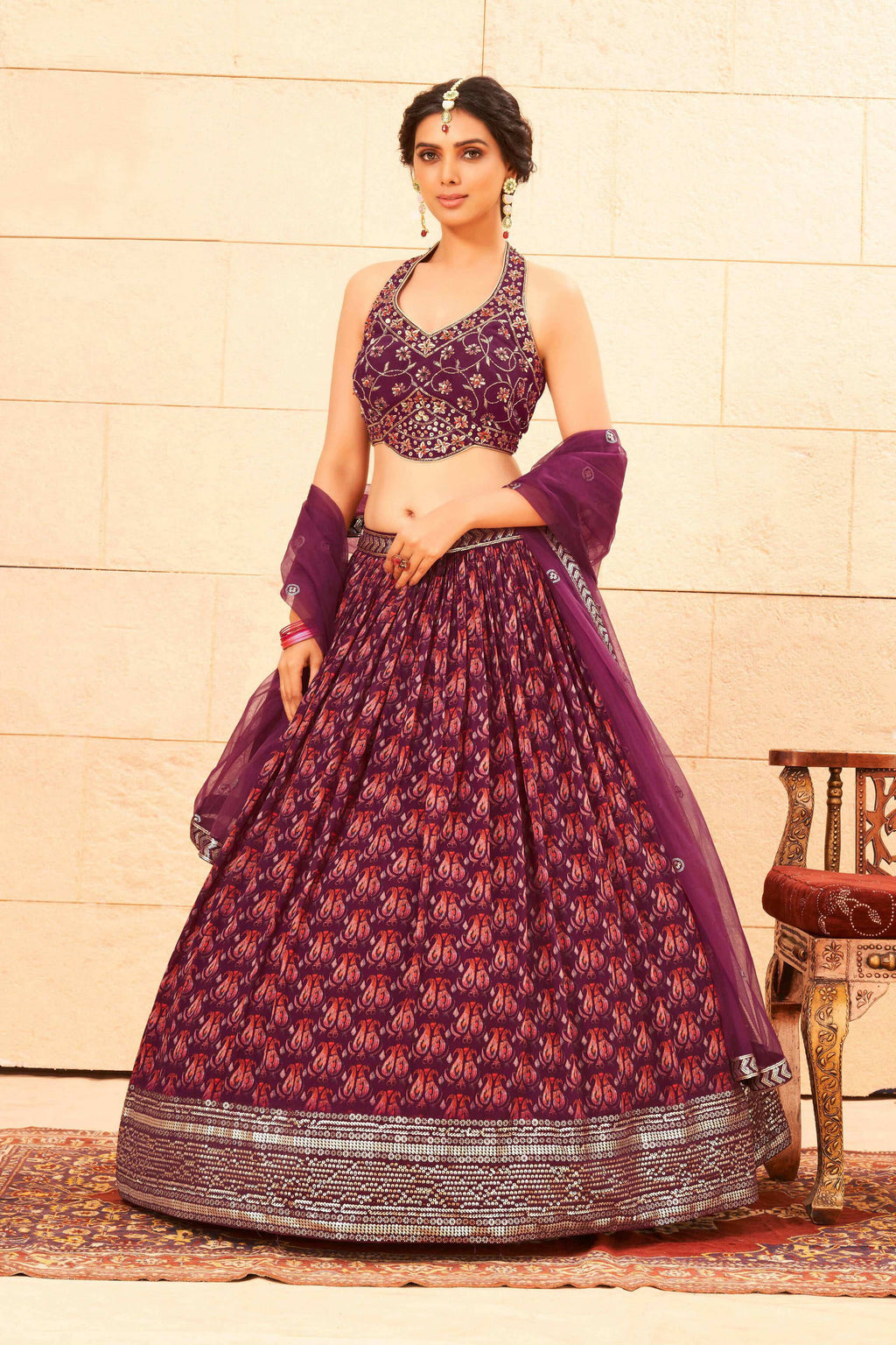 Purple Faux Georgette Sequence work Lehenga Choli with Dupatta - Dhvani