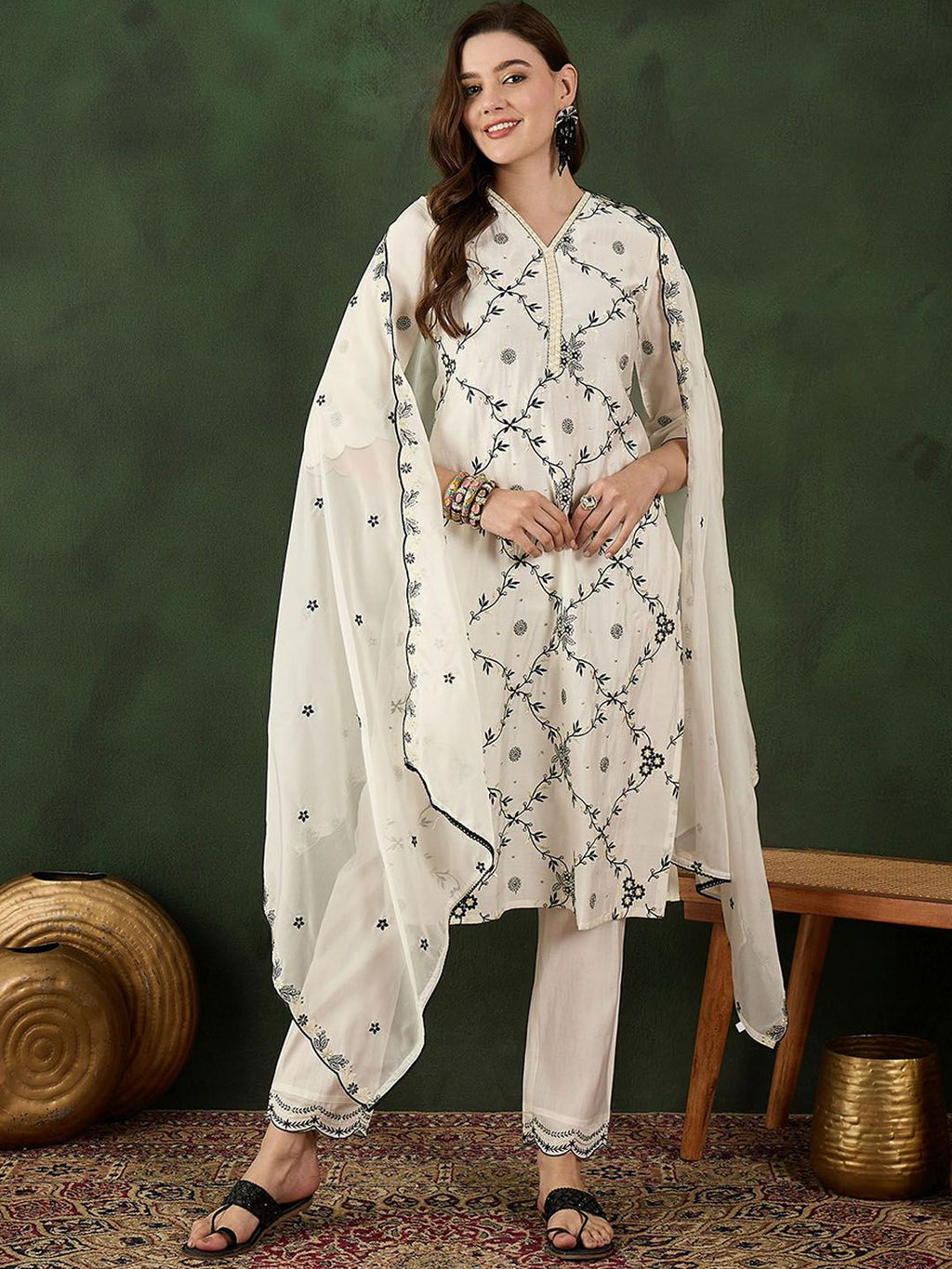 Sangria Embroidered Kurta & Trouser With Dupatta