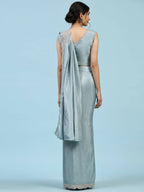 Sky Blue Silk Satin Plain Ready to wear Saree with stitched Blouse - Vrinda